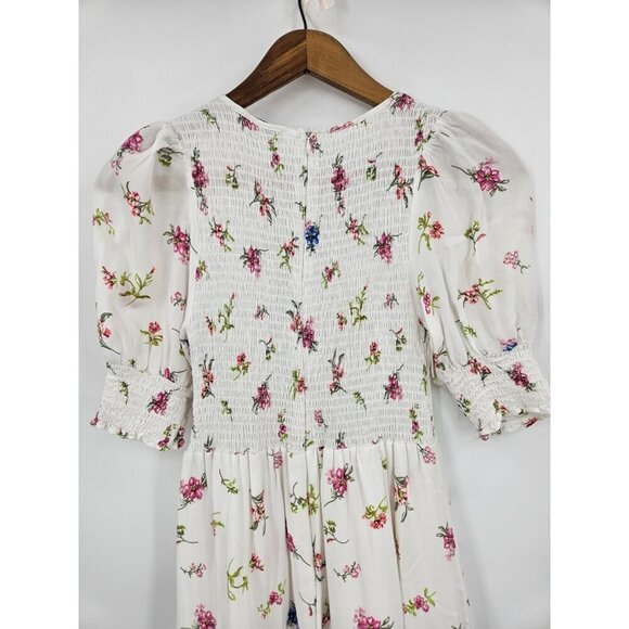 Yakira Bella Smocked Dress Womens XS White Floral Short Sleeve Rayon - Picture 3 of 7